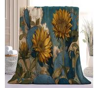 Vintage Rustique Moelleuse Couverture en Flanelle, Plantes Fleurs Tournesols Cactus Douce et Confortable Couverture pour Chambre Bureau Canapé, Jaune Bleu Chaude Légères Couvertures, 220 x 240 cm