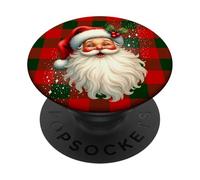 Vintage Santa Claus Rustic Red Green Check Christmas Holiday PopSockets PopGrip Adhésif