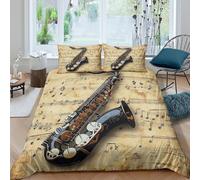 Vintage Saxophone Linge de Lit 3 pièces Hypoallergique Imprimé en 3D Léger Music Sheet Art Style Housse de Couette avec 2 Taies d'oreiller Confortable for Chambre à Coucher Double（200x200cm）