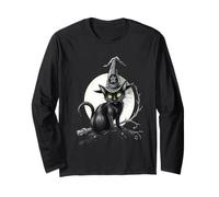 Vintage Scary Halloween Black Cat Witch Hat Moon Manche Longue