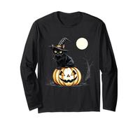 Vintage Scary Halloween Black Cat Witch Hat Moon Manche Longue