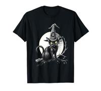 Vintage Scary Halloween Black Cat Witch Hat Moon T-Shirt