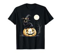Vintage Scary Halloween Black Cat Witch Hat Moon T-Shirt