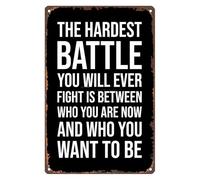 Vintage Self Improvement Tin Sign Retro Metal Wall-Art with The Greatest Battle Quote for Office Decor Study Gym 8 X 12 inch