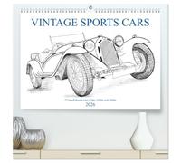 Vintage Sports Cars (hochwertiger Premium Wandkalender 2026 DIN A2 quer), Kunstdruck in Hochglanz: 12 handgezeichnete Sportwagen Klassiker