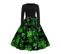 Vintage St Patrick Imprimé Manches Longues Col Rond A-line Robe Femme Rétro Patchwork Jupe Bordure Mode Robe Pailletée Noir, vert, L