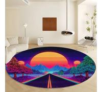 Vintage Style Mountains Trees Road Round Area Rug Diameter 60 cm, Machine Washable Soft Non-Slip Neon Purple Carpet - Short Pile Stain Resistant Print Rug for Living Room Bedroom Dining Room Decor