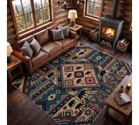 Vintage Sud-Ouest Imprimé Tapis de Chambre, 80 x 150 cm Douce Moquette | Losanges Rayures Ours Légère Lavable en Machine Tapis pour la Chambre à Coucher Le Bureau à Domicile, Beige Bleu