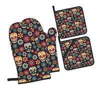 Vintage Sugar Skull Flower Fansmall Vintage Sugar Skull Flower Lot de 4 Gants de Four et maniques, Gants de Four antidérapants résistants à la Chaleur pour la Cuisson, la Cuisson, Le Barbecue