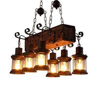 Vintage Suspension E27 En Bois Industriel Rectangulaire Vent Lustre Chaîne Hauteur Réglable Suspension Suspension Créatif Nostalgique Six Pendentif Lumières Salon Grenier Restaurant Bar Café