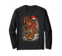 Vintage Tattoo Tiger Style Japonais Art Mount Fuji Graphic Manche Longue