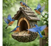 Vintage Treehouse Shape Bird Feeder, Waterproof Resin Tree-Mounted Sculpture Feeding Birdhouse, Outdoors Hanging Open House Birdhouse with Seed Tray for Decorative Yard Patio Lawn Gardens