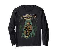Vintage UFO Abducting Bigfoot Drinking Coffee Manche Longue