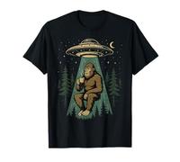 Vintage UFO Abducting Bigfoot Drinking Coffee T-Shirt