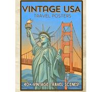 Vintage USA Travel Posters: Iconic American landmarks drawn as bold retro travel poster scenes in timeless white line art