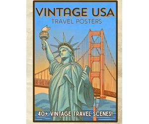 Vintage USA Travel Posters: Iconic American landmarks drawn as bold retro travel poster scenes in timeless white line art