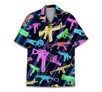 Vintage Version Chemise hawaïenne amusante d'Halloween Horreur Tropicale Fleur de plage Cadeau Décontractée Manches courtes Chemise à boutons, pistolet, Taille L