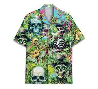 Vintage Version Chemise hawaïenne amusante d'Halloween Horreur Tropicale Fleur de plage Cadeau Décontractée Manches courtes Chemise à boutons, Taille L