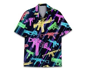Vintage Version Chemise hawaïenne amusante d'Halloween Horreur Tropicale Fleur de plage Cadeau Décontractée Manches courtes Chemise à boutons, pistolet, Taille L
