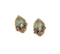 Vintage vert émail Floral ovale boucles d'oreilles, alliage plaqué or avec Imitation perle et fleur pourpre, 925 argent Post pour Wedding Party usure quotidienne