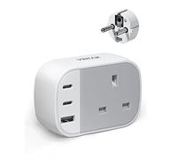 VINTAR Adaptateur de prise britannique vers Europe avec 2 ports USB C et 1 port USB A, prises de voyage UK vers UE pour Allemagne, France, Espagne, Grèce, Turquie, Pologne et plus (Type E/F), 1 paquet