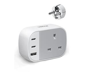 VINTAR Adaptateur de prise britannique vers Europe avec 2 ports USB C et 1 port USB A, prises de voyage UK vers UE pour Allemagne, France, Espagne, Grèce, Turquie, Pologne et plus (Type E/F), 1 paquet