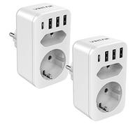 VINTAR Lot de 2 prises USB (4000 W) avec 3 chargeurs USB (2,4 A) et 1 port de type C (3 A), prise avec USB, adaptateur de prise 6 en 1, multiprise USB avec sécurité enfant