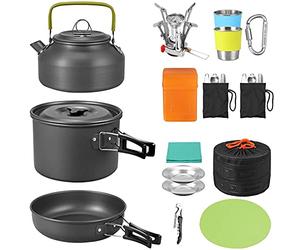 VINTEAM Kit de Casseroles et Poële de Camping en Aluminium avec Réchaud Bouilloire Vaisselle Portable Ustensiles de Cuisine de Camping pour Cuisine en Plein Air, Camping, Randonnée de 2-6 Personnes