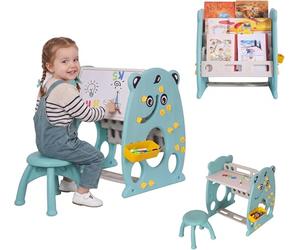 Vinteky Table et Chaise Multi-activités pour Enfants 3-en-1, Bibliothèque Enfant, Réglable, Gomme à tableau et trois marqueurs, aimant à lettres, Tableau Magnétique à Double Face, Enfants de 1-5 Ans