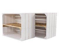 Vinterior Lot de 2 caisses en bois blanches avec planche centrale flammée - Étagère longue en bois pour chaussures et livres - Caisse à fruits en blanc flammé avec planche intermédiaire - Caisse à