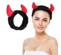 VINTORKY Bandeau Facial Spa Cornes de Diable en Peluche Douce Bandeau Maquillage Noir Ajustable pour Se Laver le Visage Femme Accessoire Spa Pratique et Confortable