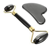 VINTORKY Ensemble de Massage Noir en Pierre 2 Pièces, Rouleau Facial et Outil de Grattage, Méthodes Multiples, Facile à Transporter pour Soins du Visage et Massage du Cou