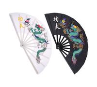 VINTORKY Éventail Pliant de Tai-chi en Plastique et Tissu Motif Dragon, Lot de 2pcs Facile à Manier pour Arts Martiaux et Scène Cosplay