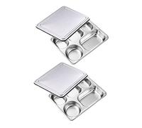 VINTORKY Lot De 2 Assiettes À Compartiments En Acier Inoxydable Avec Couvercle Pour Restauration Rapide Assiettes À Déjeuner Carrées Assiettes À Déjeuner En Acier Avec Couvercle