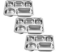 VINTORKY Plateaux Repas Acier Inoxydable Rectangulaires 5 Compartiments Lot de 3, sans Couvercle, pour Adultes, Déjeuner, Dîner, Buffet, Empilables et Faciles à Nettoyer