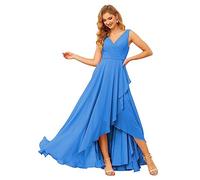 vintys Robe de demoiselle d'honneur à col en V pour femme avec manches longues et plis fendus en mousseline de soie Robe de soirée formelle pour mariage VT001, bleu océan, 58 plus