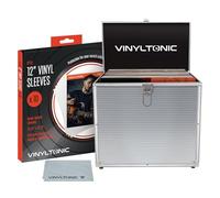 Vinyl Tonic Mallette de rangement pour disques vinyles de 30,5 cm - Peut contenir 100 disques vinyles - Comprend un chiffon de nettoyage universel et 10 pochettes de protection en vinyle, Argenté
