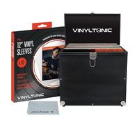 Vinyl Tonic Mallette de rangement pour disques vinyles de 30,5 cm - Peut contenir 100 disques vinyles - Comprend un chiffon de nettoyage universel et 10 pochettes de protection en vinyle, Noir