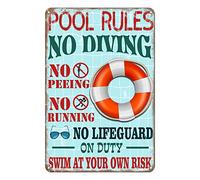 Viodenl Plaque en métal avec inscription « Pool Rules Swim at Your Own Risk » - Décoration murale amusante pour l'extérieur - 30,5 x 43,2 cm