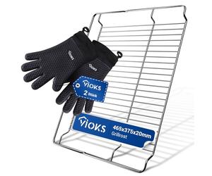 VIOKS Lot de grille de cuisson en acier inoxydable 465 x 375 mm pour Bosch 00574876 + 2 gants de cuisine résistants à la chaleur, en silicone, résistants à la chaleur et grille de four, accessoires