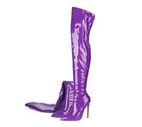 Violet,40 EU,Bottes Hautes en Cuir Verni PU pour Femmes, Bout Pointu, Talons Aiguilles, Fermeture éclair au Dos, Chaussures Confortables pour soirées de Bal