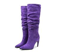 Violet,41 EU,Bottes Hautes plissées en Daim pour Femmes, Bout Pointu, Talons Aiguilles, Bottes Longues à Enfiler, élégantes, pour soirées et Rendez-Vous