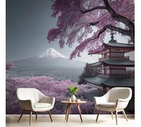 Violet Blanc Fleurs De Cerisier Du Mont Fuji 3D Art Papier Peint Panoramique Paysage Urbain Décoration Manger Adulte Chambre D'Enfants Intérieure Salon Étude Canapé Chambre Fond Tv Mur,250X170Cm