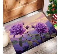 Violet Clair Paillasson Attrape-Poussière, Montagnes Branches Feuilles Roses Tapis de Sol Antidérapant Lavable Machine, Réalisme Naturel Absorbantes pour Entrée Porte Couloir - 45 x 75 cm