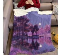 Violet Couverture 220 x 240 cm Arbres au Bord du lac et Lune Plaid Polaire Flanelle Super Chaude Confortable Douce et Légère Couvertures pour Lit Canapé Camping Voyage
