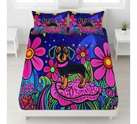 Violet Drap Housse Teckel Coloré Fleurs Ciel étoilé Bonnets 30 cm Lignes audacieuses Rêve Respirant Drap Housse Animaux Apaisant Lavable en Machine Drap de lit pour Femmes & Adultes, 120 x 190 x 30
