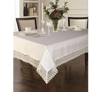 Violet Linen Legacy Cobblestone Design, Macrame Lace Border Nappe, Jacquard, Blanc/Jardin Opulent, 60" X 95"