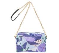 Violet Morning Glory Fleurs Oiseaux Style Dessin animé Petit sac à bandoulière pour femme en cuir vegan Sac à main à bandoulière pour femme Fermeture éclair