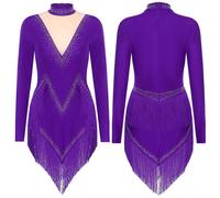 (violet, S) Robe de danse latine à manches longues avec strass Samba Cha Cha Tango Jazz Ballroom Dancewear Cocktail Party Costume pour femme