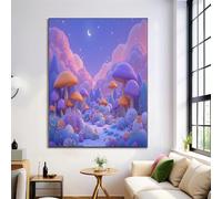 Violet Toile Tableau Peinture à Champignons Fleurs Murale Art Dessins Animés Fantastique, Affiches Moderne Chambre Salon Decoration à La Maison Tableaux, 80x120cm Sans Cadre